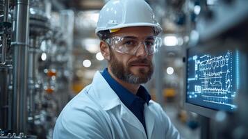 A skilled technician in a white lab coat and safety gear observes automated systems in a busy petrochemical refinery. photo