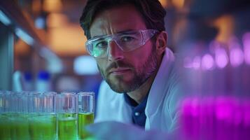 A chemical engineer in a lab coat examines test tubes filled with vibrant liquids. The environment highlights advanced synthesis techniques and automation in chemical processing. photo