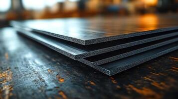 Steel and aluminum sheets are stacked on a workbench in an industrial factory. The setting highlights automated machinery and engineering practices. photo