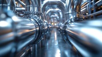 A close-up view of polished aluminum and steel pipes in a modern manufacturing plant reflects advanced engineering techniques. Automation tools operate efficiently in a clean industrial setting. photo