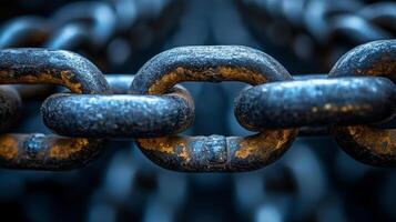 Rusty steel chain links are closely examined, highlighting the wear from industrial use in a manufacturing setting focused on metal production and engineering. photo