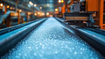 Automated machinery operates in a petrochemical facility, efficiently processing raw materials on a conveyor belt. photo