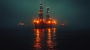 Illuminated offshore oil drilling platforms are seen working in the dark, misty waters with vibrant lights reflecting off the surface, emphasizing the industrial activity in this remote location. photo