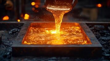Bright molten metal flows from a ladle into a rectangular mold, illuminating the surrounding workshop with vivid orange hues typical of metal casting operations. photo