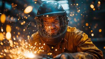 A worker in a manufacturing facility engages in welding, wearing protective gear. Sparks illuminate the environment as metal components are joined together, showcasing industrial automation. photo