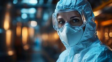In a high-tech manufacturing facility, an operator is equipped with protective gear, ready for tasks involving steel and aluminum processing, welding, and casting. photo