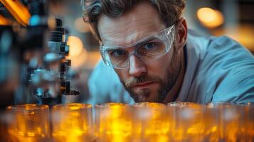 Technician inspects a row of glass parts under bright factory lighting, utilizing precision tools and safety goggles to ensure high manufacturing standards and quality assurance. photo