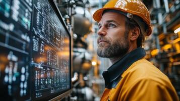 A manufacturing engineer observes digital displays showing automated processes in a refinery. The setting features pipes and machinery, emphasizing industrial automation and chemical processing. photo