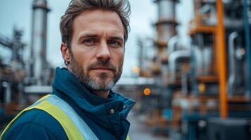 A skilled worker stands confidently in a petrochemical refinery, monitoring sophisticated automation and engineering processes. The environment is industrial and high-tech. photo