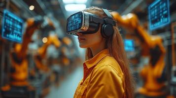 A female engineer wearing virtual reality goggles assesses robotic arms in an advanced manufacturing facility filled with automation technology. photo