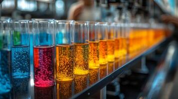 Vibrant solutions in glass containers line a factory workbench, demonstrating chemical synthesis. Workers engage in automated processing, highlighting industry innovation. photo