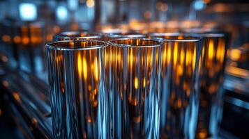 In a modern manufacturing facility, glass tubes are being produced under automated systems that enhance efficiency. The warm lights reflect off the polished surfaces, showcasing advanced technology. photo
