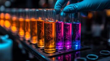 Test tubes filled with vibrant liquids are carefully handled in a manufacturing laboratory, highlighting chemical reactions and the importance of automation in industrial processes. photo