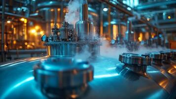 Steam rises from advanced manufacturing equipment in a petrochemical facility, showcasing automation and engineering in action during a processing operation. photo