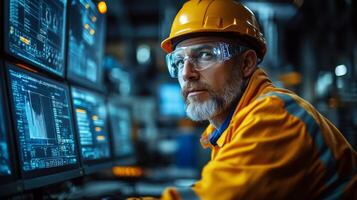 An experienced engineer observes multiple screens displaying automation data in a modern manufacturing facility. The environment is focused on industry efficiency and safety. photo