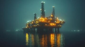 A large petrochemical refinery stands on stilts over water, adorned with numerous lights that reflect off the surface. Fog envelops the area, creating a mysterious atmosphere. photo