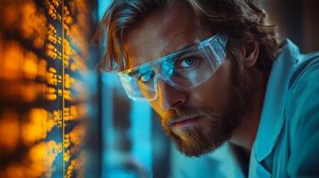 A focused engineer studies complex data trends, illuminated by glowing screens, showcasing the high-tech environment of a petrochemical processing site. photo