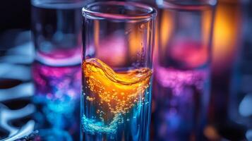 Laboratory technicians engage in advanced chemical synthesis within a state-of-the-art petrochemical facility. Colorful solutions in test tubes showcase the automation in processing. photo