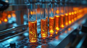 Colorful samples are arranged on a conveyor belt in a petrochemical facility. The automated system is actively processing substances, showcasing modern engineering in action. photo