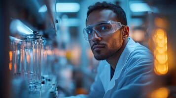 In a state-of-the-art petrochemical facility, a chemist diligently monitors a synthesis reaction, ensuring precision in the manufacturing process. photo