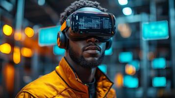 A skilled technician wears virtual reality equipment to monitor and analyze manufacturing operations, optimizing workflow and efficiency in a high-tech factory environment. photo