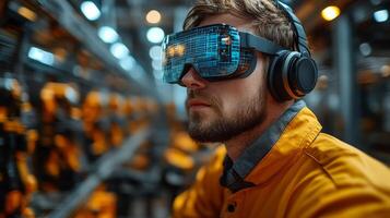 A technician is engaged with virtual reality technology in a manufacturing facility. The environment showcases advanced automation with robotic arms and industrial equipment in the background. photo