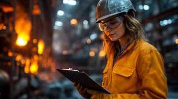 A worker wearing safety gear reviews production data in a steel factory. Hot materials are processed in the background, highlighting the industry's automated systems. photo