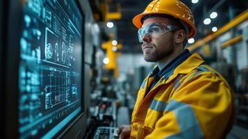 In a large industrial facility, an engineer in protective gear focuses on advanced machinery. Screens display data related to manufacturing processes including steel and aluminum production. photo