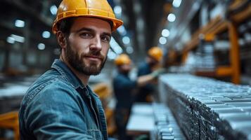 A manufacturing professional, wearing a hard hat, focuses on tasks in a bustling factory. Workers are engaged in steel and aluminum processing, highlighting automation in engineering. photo