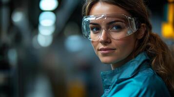 A female engineer in safety glasses is focused on automated processes in a petrochemical refinery. Advanced manufacturing technology surrounds her, emphasizing a safe working environment. photo