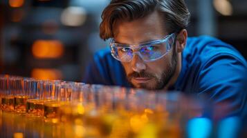 A male engineer inspects glass containers filled with brightly colored liquids in a high-tech manufacturing environment. The facility specializes in petrochemical processing, showcasing automation. photo
