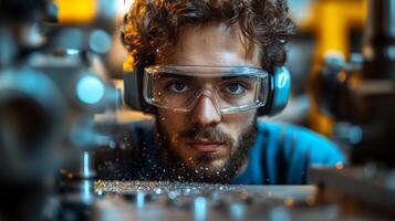 A skilled worker wearing protective eyewear concentrates on machining metal components in an automated factory. Sparks and metal shavings highlight the intricate work being done. photo