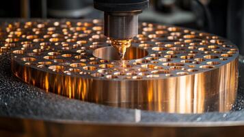 A high-tech machine is cutting intricate patterns into a sheet of aluminum, showcasing precision engineering in metal manufacturing. The setting emphasizes an automated production line. photo