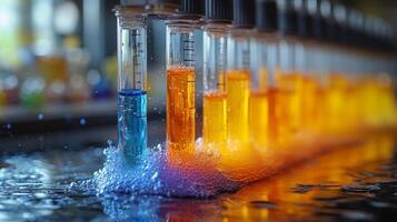 Brightly colored liquids bubble in laboratory test tubes, illustrating chemical reactions involved in synthesis and processing. This setting emphasizes the engineering of petrochemical solutions. photo