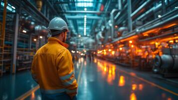 Engineers oversee automated systems in a large petrochemical refinery. The facility's advanced processing equipment glows with industrial lighting, reflecting a busy evening atmosphere. photo