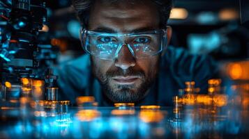An engineer in protective goggles examines intricate machinery for steel and aluminum fabrication. The environment showcases advanced automation technologies in a busy factory. photo