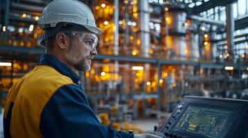 An engineer monitors advanced control systems in a busy petrochemical refinery. The facility features industrial automation with large processing equipment and glowing machinery in the background. photo