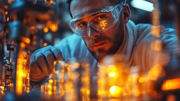 A skilled technician closely examines complex machinery in a chemical processing plant. Bright amber lights illuminate the industrial setting, showcasing advanced technology and precision engineering. photo