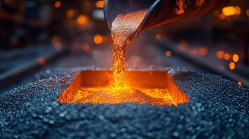 Molten metal flows from a ladle into a casting mold in a factory setting, showcasing the intense heat and precision involved in metallurgy and engineering. photo