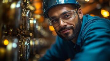 A technician wearing safety gear performs maintenance on complex machinery at a petrochemical refinery. The environment is filled with advanced automation and engineering processes. photo