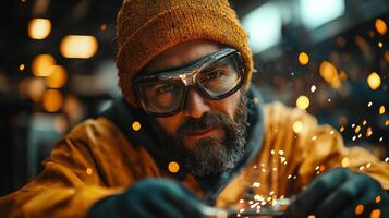 A skilled worker focuses intently on welding metal components in an industrial setting. Sparks fly as the welding torch creates strong bonds between steel and aluminum, showcasing craftsmanship. photo