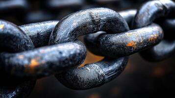 Close-up view of interlocking metal chain links displaying wear and tear, highlighting their strength and significance in industrial manufacturing and construction processes. photo