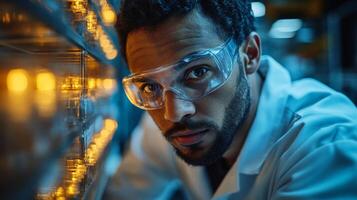 An engineer examines advanced machinery in a manufacturing environment. The setting is filled with automated systems and bright lights, highlighting the importance of precision in engineering tasks. photo