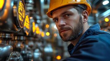 A technician in safety gear conducts maintenance checks in a busy refinery, ensuring efficient operation of automation systems and chemical processes. photo