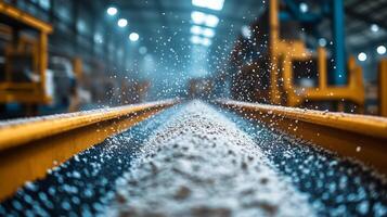A conveyor system efficiently moves fine particles through a manufacturing facility, showcasing the automation of industrial processes in a chemical engineering environment. photo