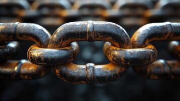 Rusty steel chain links are prominently displayed, highlighting their strength and wear. The background features a blurred factory environment, emphasizing manufacturing processes. photo