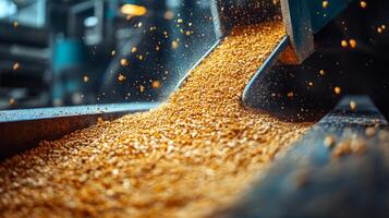 Yellow granules are being efficiently processed on a conveyor belt in a petrochemical manufacturing facility. The automated system enhances production speed and accuracy. photo