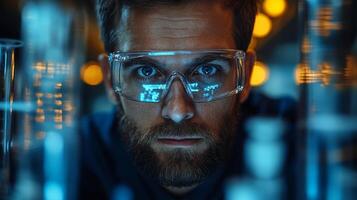 A researcher focuses intently on intricate experiments within a petrochemical facility, surrounded by automated machinery and glassware. The environment is illuminated by modern lighting. photo