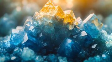 Vibrant crystal formations exhibit shades of blue and gold, illuminated by sunlight. The unique shapes reflect light, creating a dazzling visual effect in a natural environment. photo