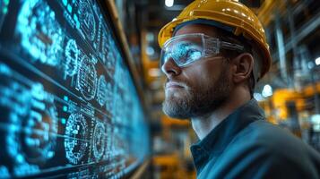 An engineer in safety gear observes real-time data and automated processes on a display board in a cutting-edge petrochemical refinery. The facility emphasizes efficiency and precision. photo